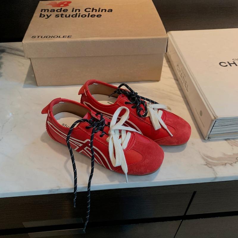 Cowhide version~ fashionable contrasting pair of shoelaces square round head casual women's casual sports shoes