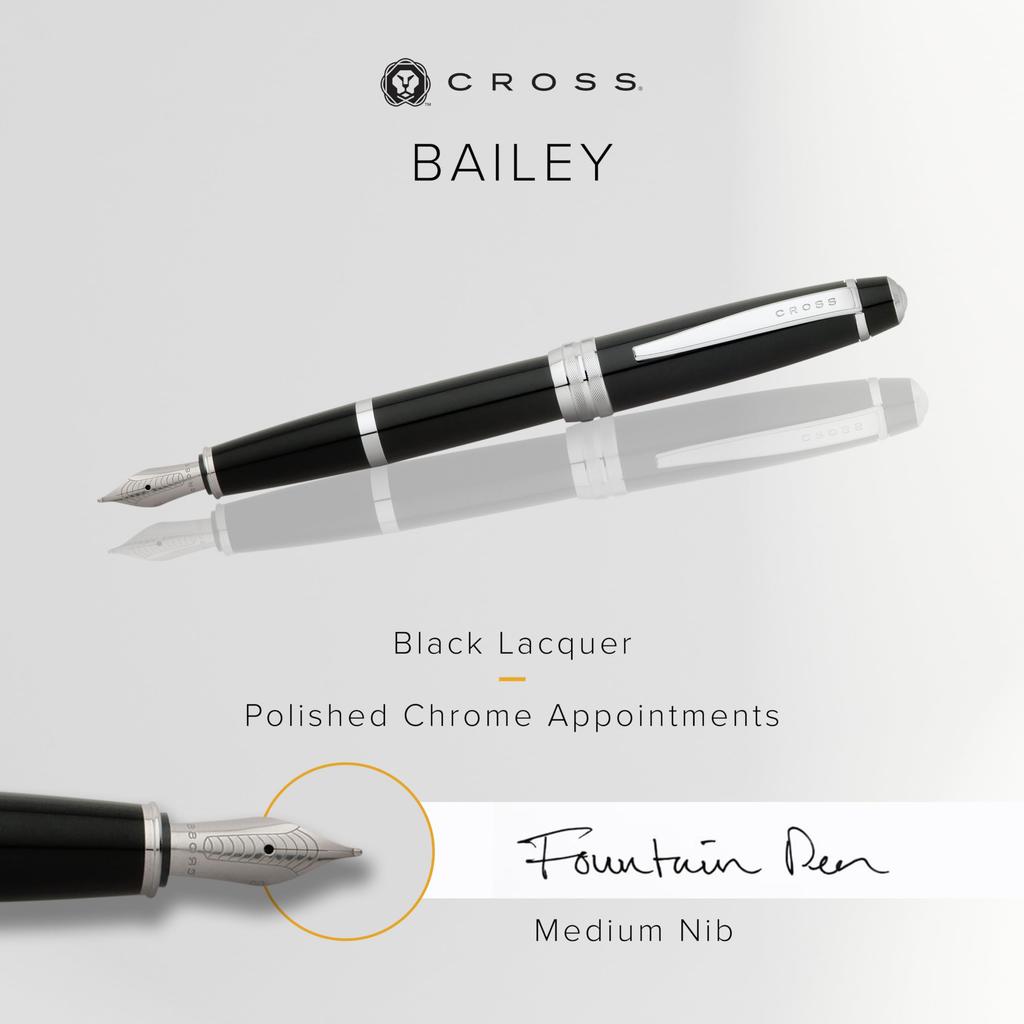 Cross Bailey Black Lacquer Fountain Pen Stainless Steel Medium Nib