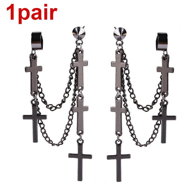 Punk Cross Tassel Øredobber Kvinner Integrert Clip Stud Ørering Kristen Gotisk Hip Hop Smykker Metallkjede Ørering Ørering Ørering Menn
