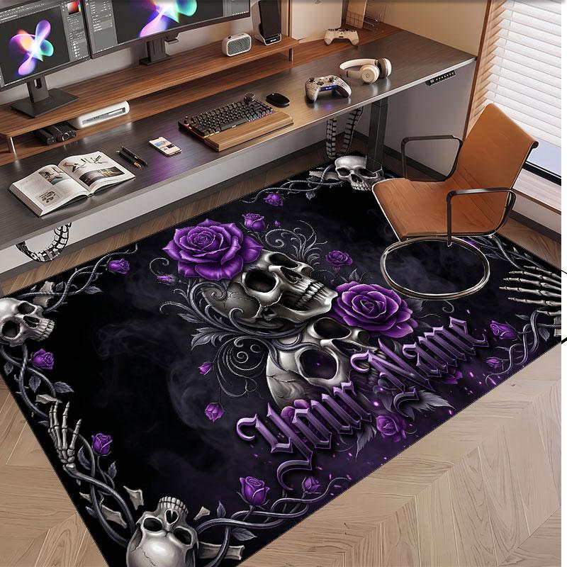 Tappeto Morbido in Velluto di Cristallo Tema Gotico Teschio Stampa Personalizzata Nome e Testo Tappeto Antiscivolo per Camera da Letto Soggiorno