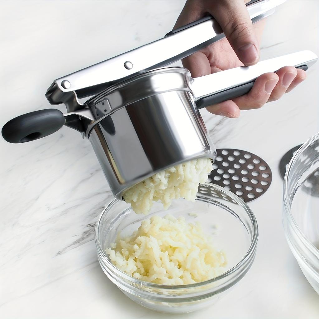 Stainless steel potato masher with silicone handle, potato press, potato purer, with interchangeable mesh
