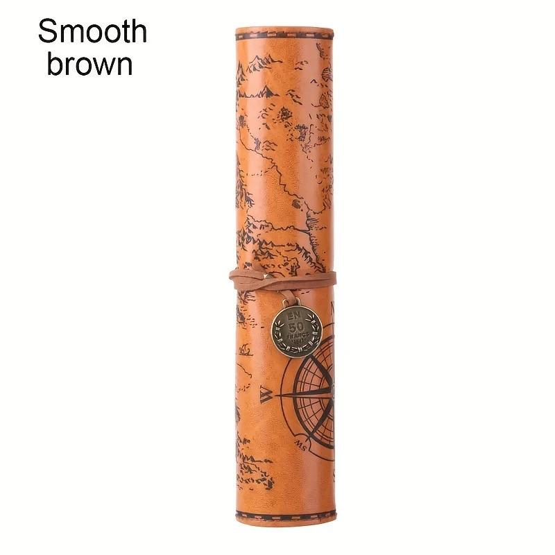 Leather Roll-Up Pouch W/ Embossed Buckle Vintage Treasure Map Pencil Case Large Capacity School Office Organizer