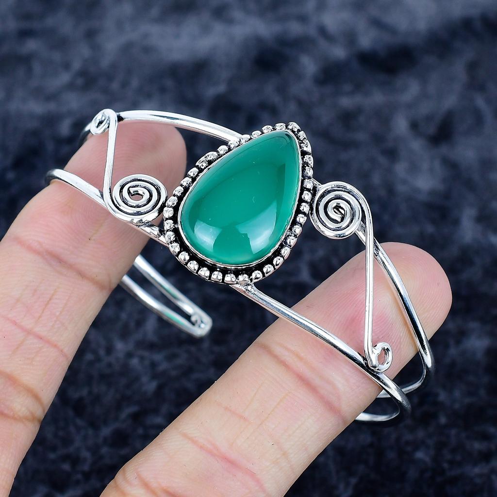 Green Onyx Gemstone Handmade 925 Sterling Silver Cuff Bangle Adjustable MM-3496