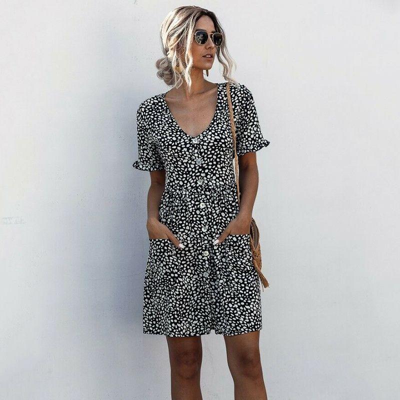 Stylish Women V-neck Holiday Mini Dress Featuring Elegant Polka Dot Design And Pockets
