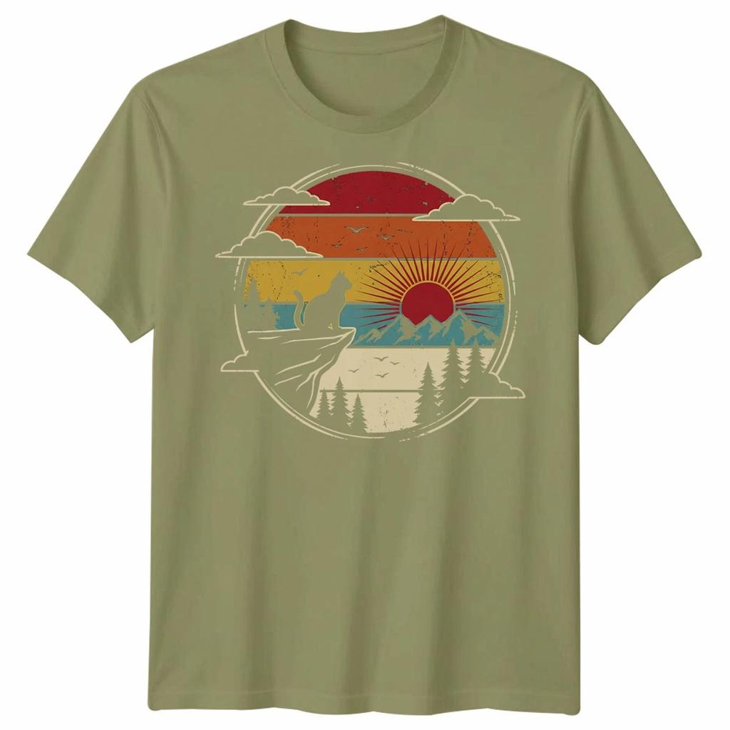 Silhouette di Gatto Gatti Animali Grafica Tramonto Retrò T-Shirt da Uomo Maglietta da Donna