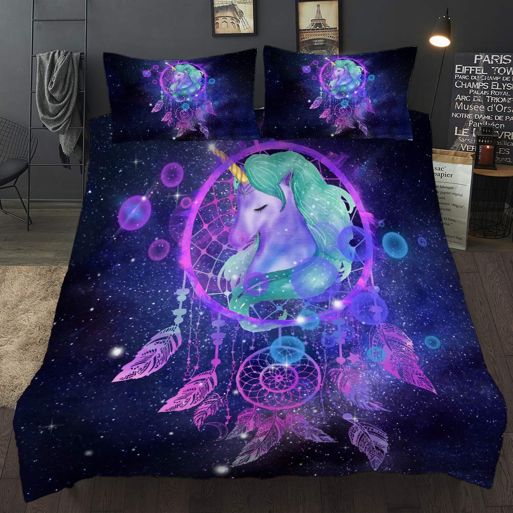 Unicorn Duvet Cover Set Purple Aqua Unicorn Bedding Set Full Size Rose Unicorn Flower Dreamy Cartoon Sparkle Lilac Bedspread