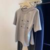 Women's Gray Embroidered Retro Short Sleeve T-Shirt - 2025 Spring Casual Loose Fit Base Layer