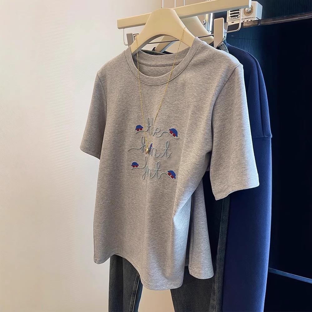 Women's Gray Embroidered Retro Short Sleeve T-Shirt - 2025 Spring Casual Loose Fit Base Layer