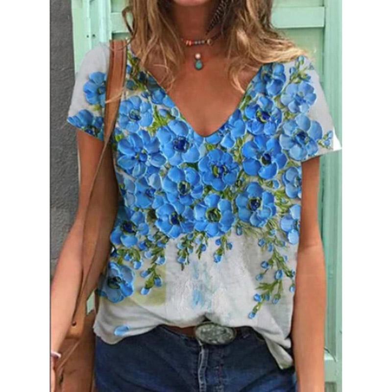 

Модные весенние блузки с ретро цветочным принтом, футболки с коротким рукавом и V-образным вырезом, повседневные M синий