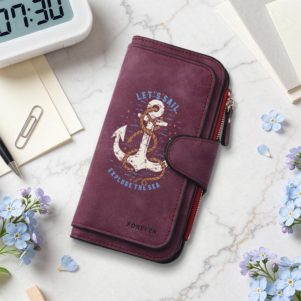 Vintage Anchor Print Wallet Multi Card Organizer Fashion Casual Long Purse