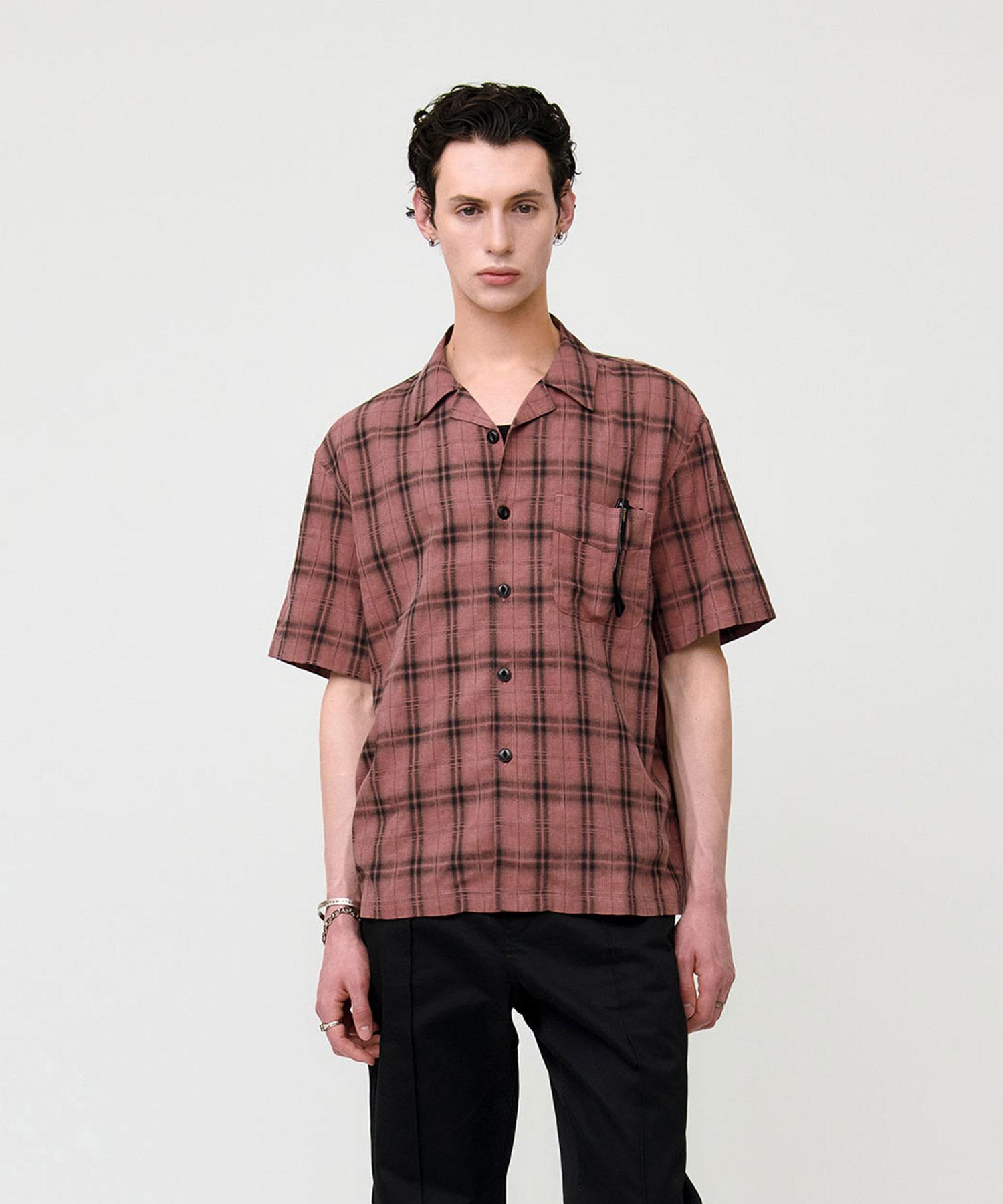 Man In Jungle Vintage Check Open Collar Shirt - Vintage Red Washed Red/L(100)
