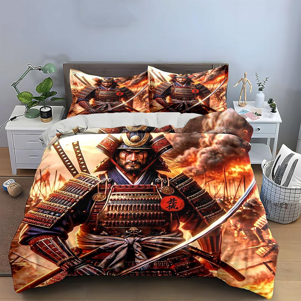 Samurai Armor Themed Three-Piece Set Bedding Set with 1 Duvet Cover 2 Pillowcases Single Double King Queen, Gift