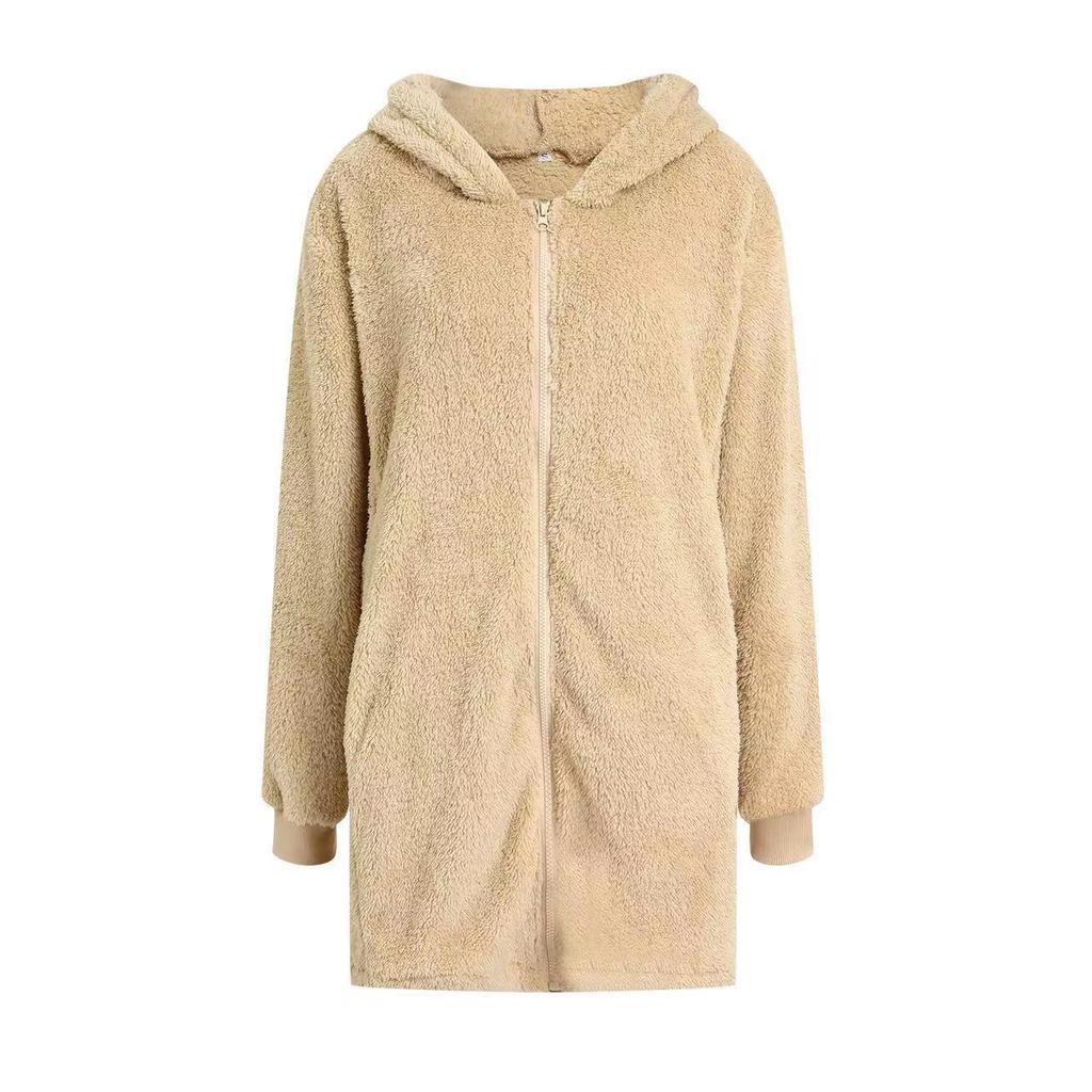 **Winter Loose Plush Women's Long Sleeve Hooded Zip Up Cardigan Jacket Fuzzy Fleece Coat**