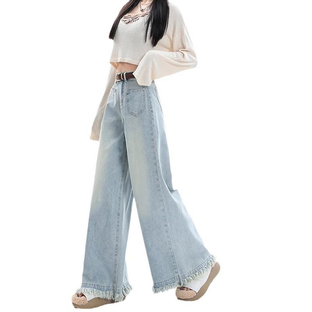 Jeans a Gamba Larga con Bordo Grezzo Stile Street Lazy Donna Nuovi per Primavera e Autunno Vita Alta Skinny Larghi Jeans a Spazzare il Pavimento