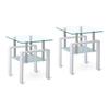 2 Pieces White Tempered Clear Glass End Table, 2-Layers Small Table with Storage, Living Room Side Table