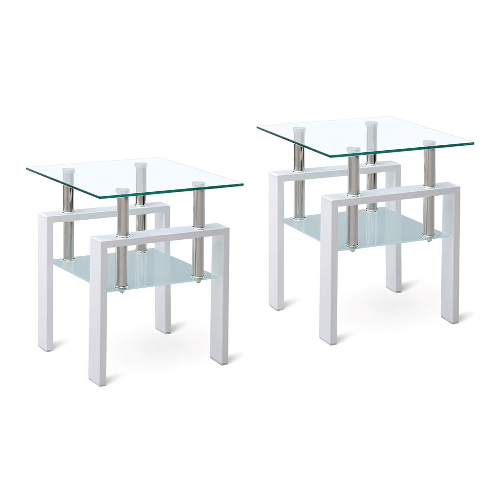 2 Pieces White Tempered Clear Glass End Table, 2-Layers Small Table with Storage, Living Room Side Table