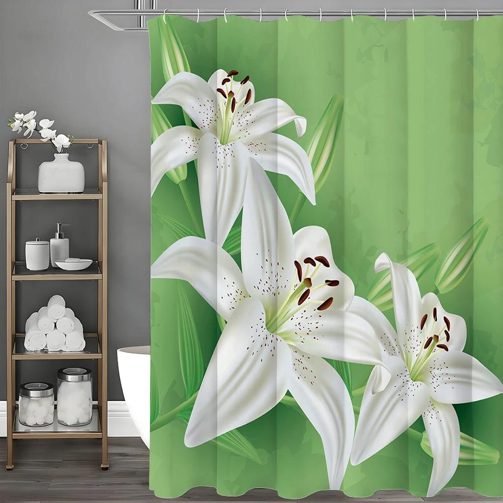 Fresh Lily Green Shower Curtain, Bathroom Decorative Shower Curtain, Waterproof Shower Curtain with Hooks