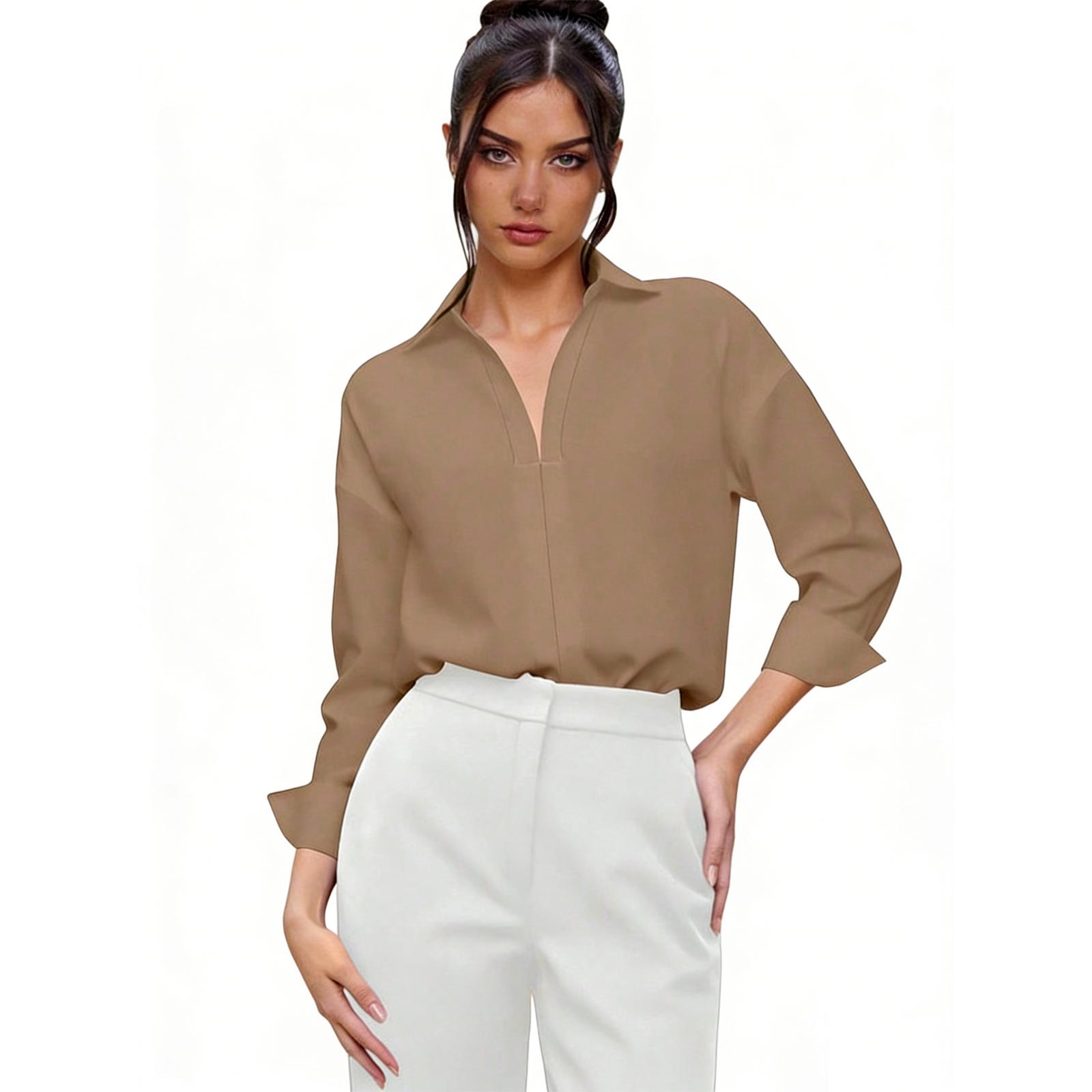 Women s Long Sleeve V-Neck Collar Bodysuit Blouse, Business Casual  Work Top M хаки