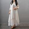 2023 Spring Long Sleeve Cotton Linen Swing Dress - Fake Two-Piece Design