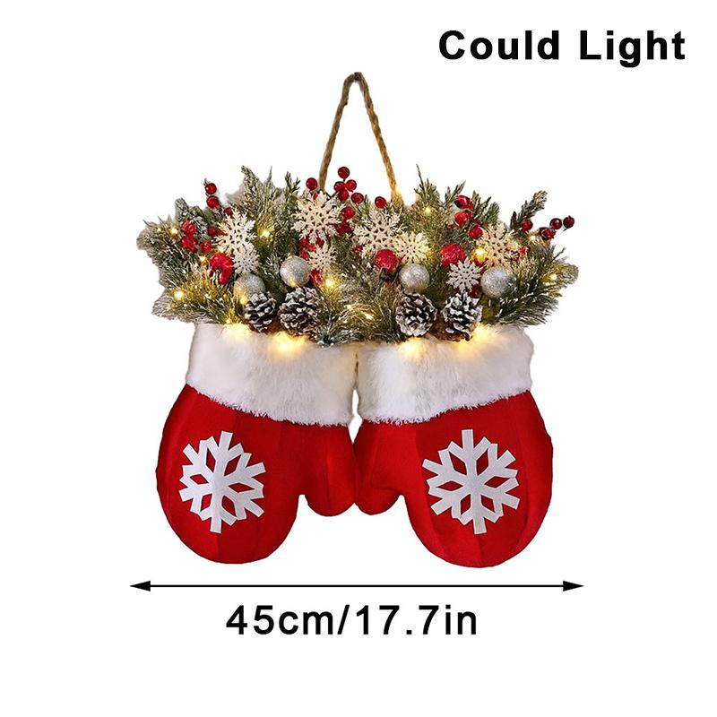 Twinkling Christmas Mitten Wreath With 120 LED Lights & 10H Auto Timer,Christmas Wreath Front Door Artificial Garland