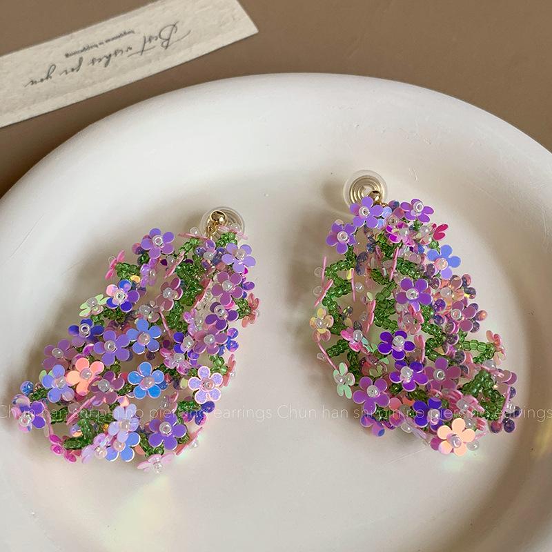 

Holiday style super fairy temperament long fringed ear clips women s niche high-end laser sequined flower stud earrings