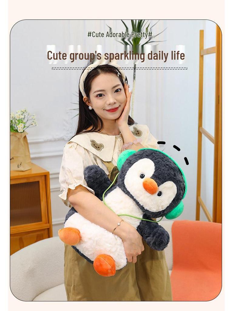 Chubby Penguin Plush Toy with Fun Headphones - Cute Cartoon Doll Gift for Girls