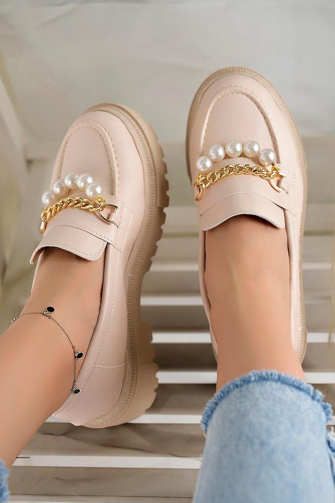 Women's Fashion Faux Leather Wedge Heeled Loafer Black Chain Thick Sole Loafer Moccasin Platinum Chain Shoes