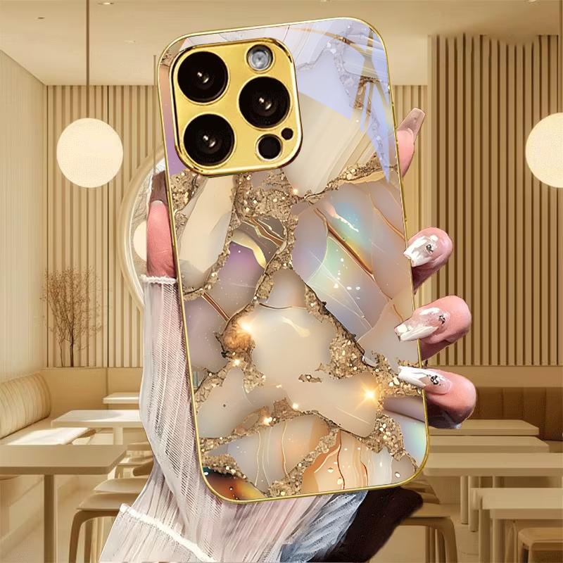 Pastel Broken Gemstone Electroplated Golden Phone Case For iPhone 17 16 15 14 13 12 11 Pro Max Plus 16E 17Air 7 8 X Glass Cover