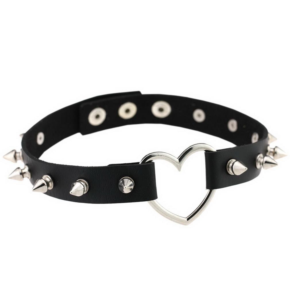 Spike Studded Heart Necklace Punk PU Leather Collar for Women Gothic Harajuku Jewelry
