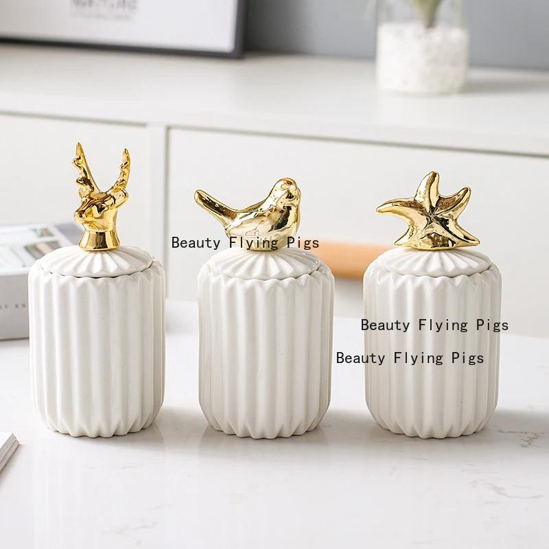 1pc Ceramic Toothpick Jar Cotton Swab Container Elk, Bird, Starfish Toothpick Jar Key Storage Box with Lid Household Goods