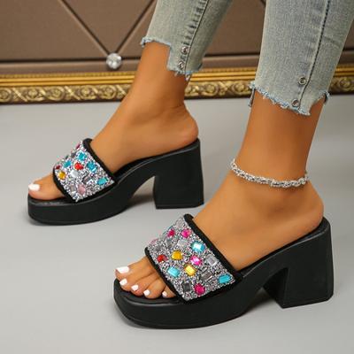 Crystal Luxury Women High Heels Slippers Chunky Dress Sandals Shoes Woman Summer Flip Flops Fashion Beach Pumps Slides Female