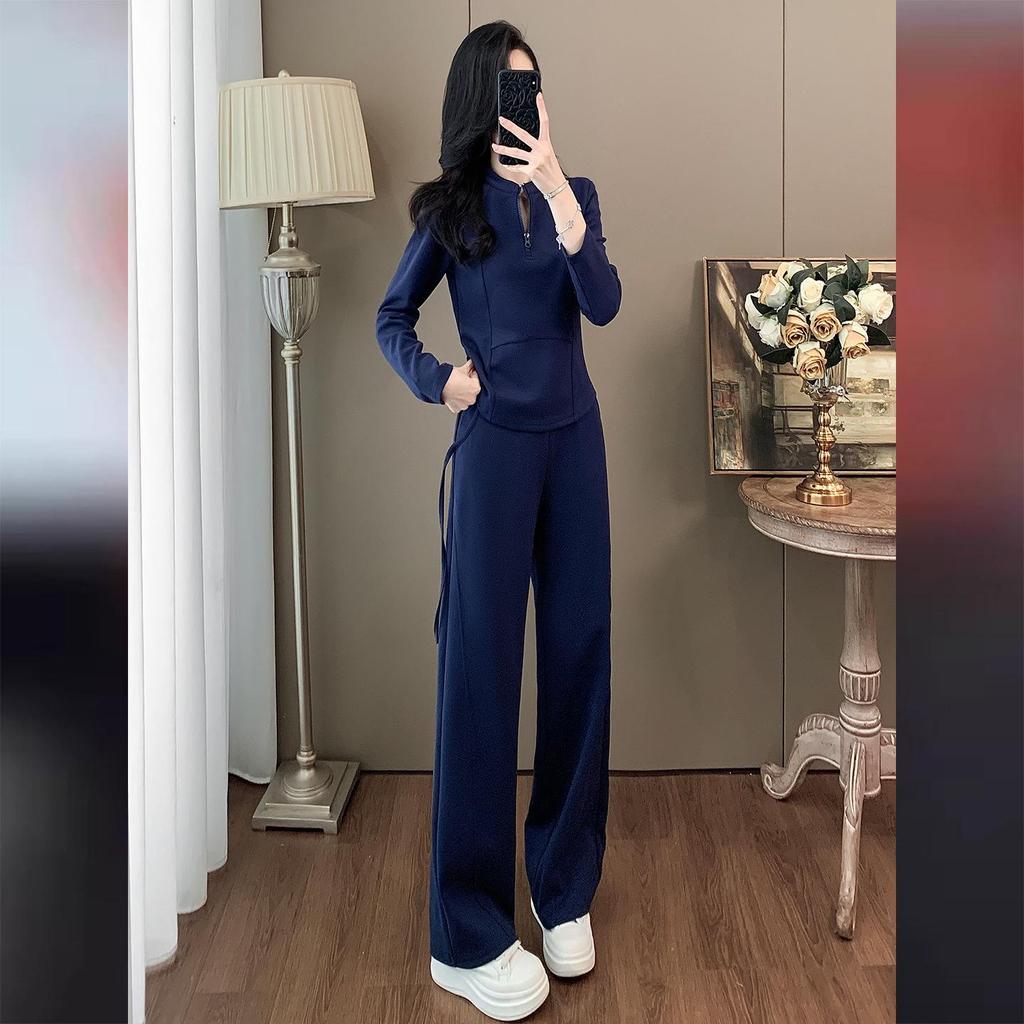 Women's Autumn Casual Sports Set: Slimming Black Long Sleeve Top & Wide Leg Pants
