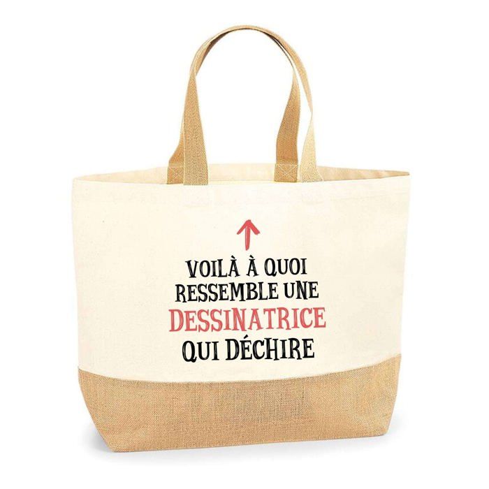 Sac en jute - PLANETEE - Dessinatrice Qui Déchire Femme - Jute naturel - Fabriqué en France - Multicolore