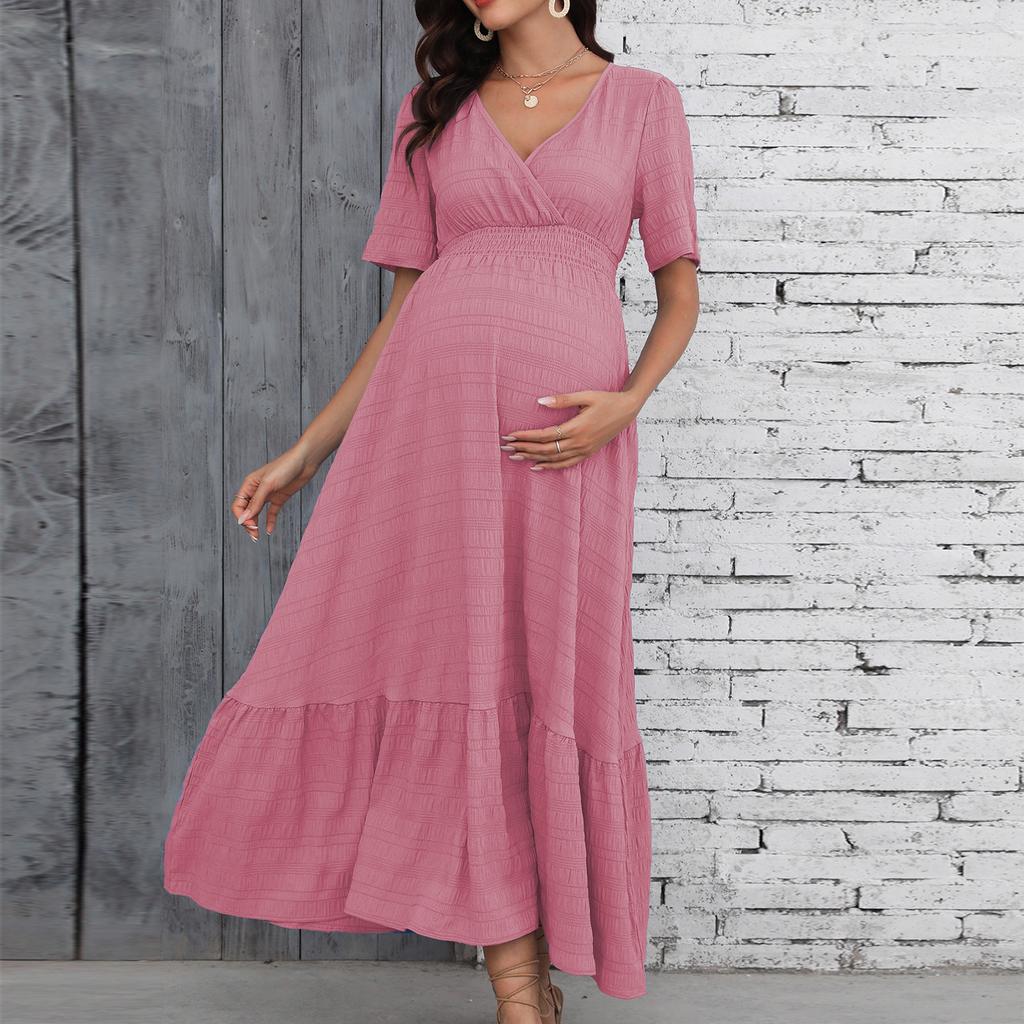 Women V Neck Short Sleeve Maternity Maxi Dress Waist Design A Line Long Dress Comfortable Fit