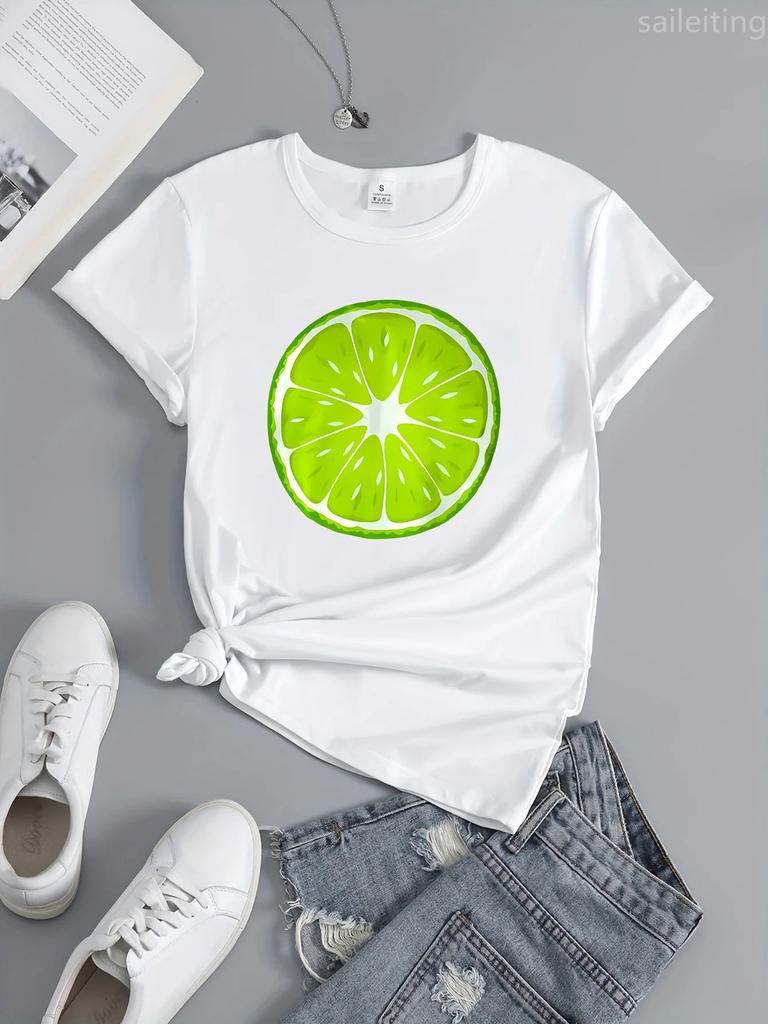 T-shirt z nadrukiem cytryn Casualowy T-shirt z okrągłym dekoltem Krótki rękaw Casualowa odzież damska Streetowe topy Estetyczne ubrania Estetyczne topy