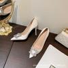 French White High Heels Design Sense Niche Temperament 2025 Square Buckle Rhinestone Pointed Thin Heel Versatile Light Mouth Shoes