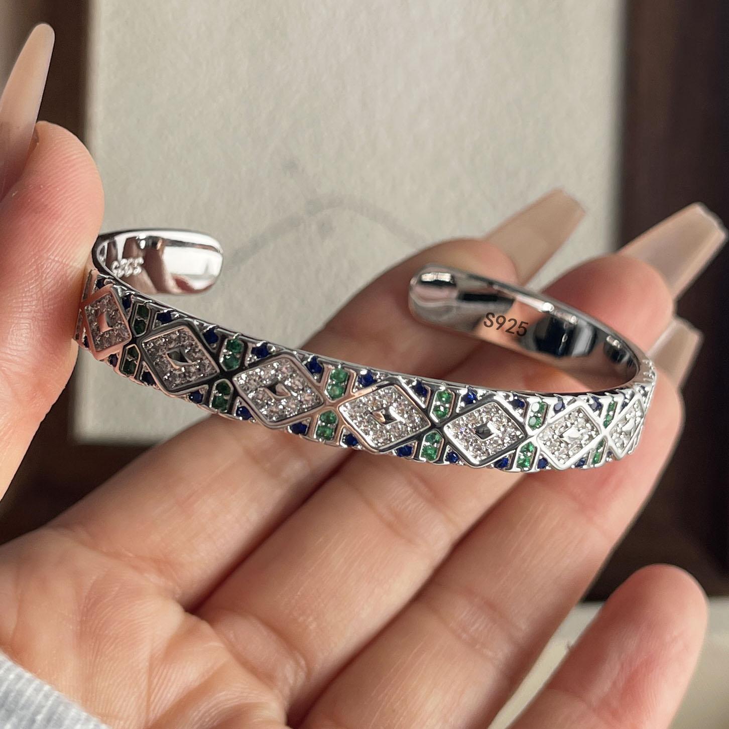 

100% Solid 925 Sterling Silver Retro Bracelet for Women Men Vintage Handmade Wide Blue CZ Simple Bracelet Birthday Gift