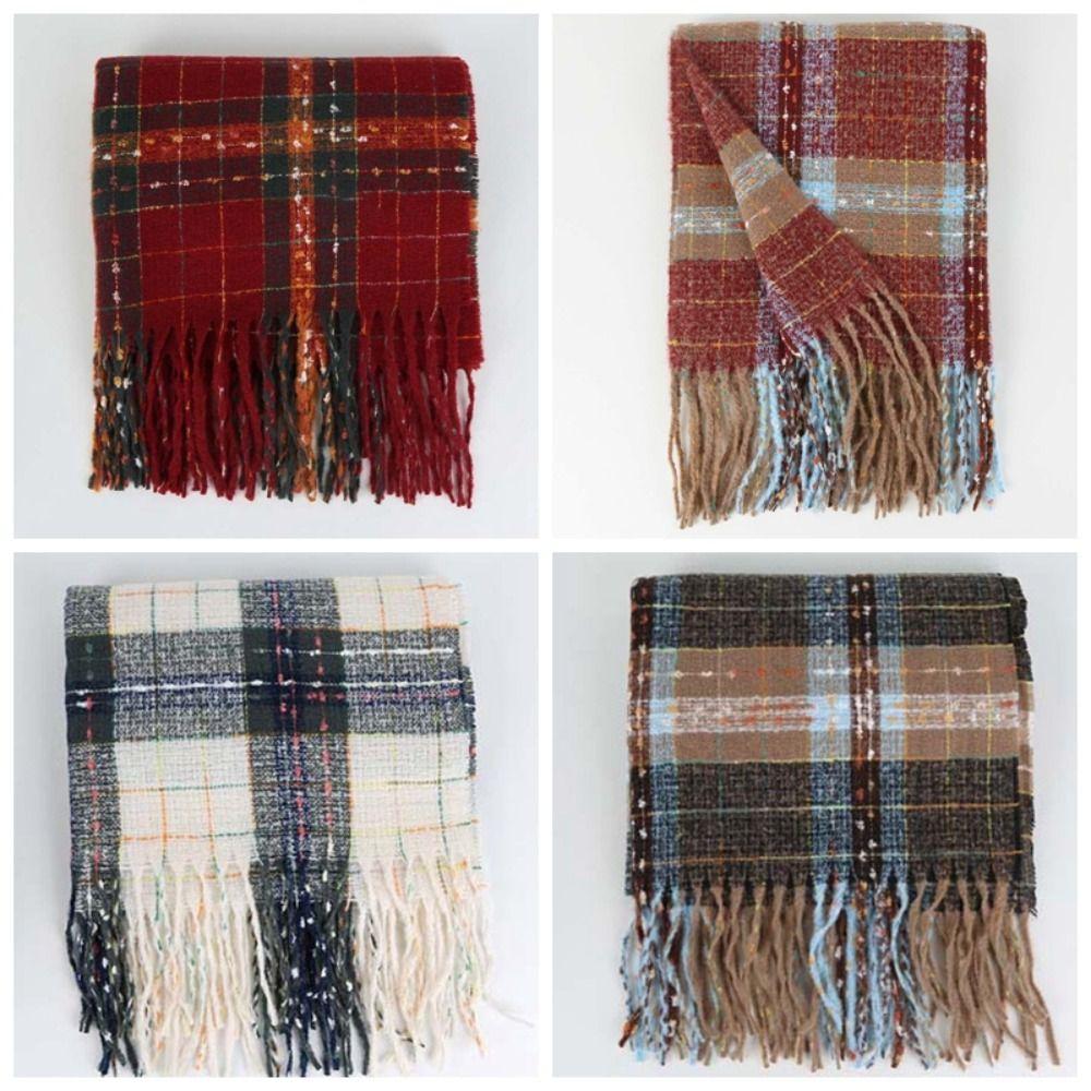 Classic Long Tassel Neckscarf Soft Women Thickened Scarf Soft Plaid Knitted Scarf  Spring