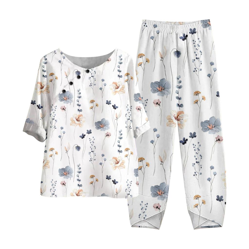 Women's Summer Half Sleeve Printed Tops Elastic Waist Nine Piece Pants Two Piece Set