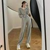 Completo Due Pezzi da Donna Cardigan con Zip Dimagrante e Pantaloni a Gamba Larga per Primavera e Autunno