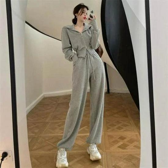 Completo Due Pezzi da Donna Cardigan con Zip Dimagrante e Pantaloni a Gamba Larga per Primavera e Autunno