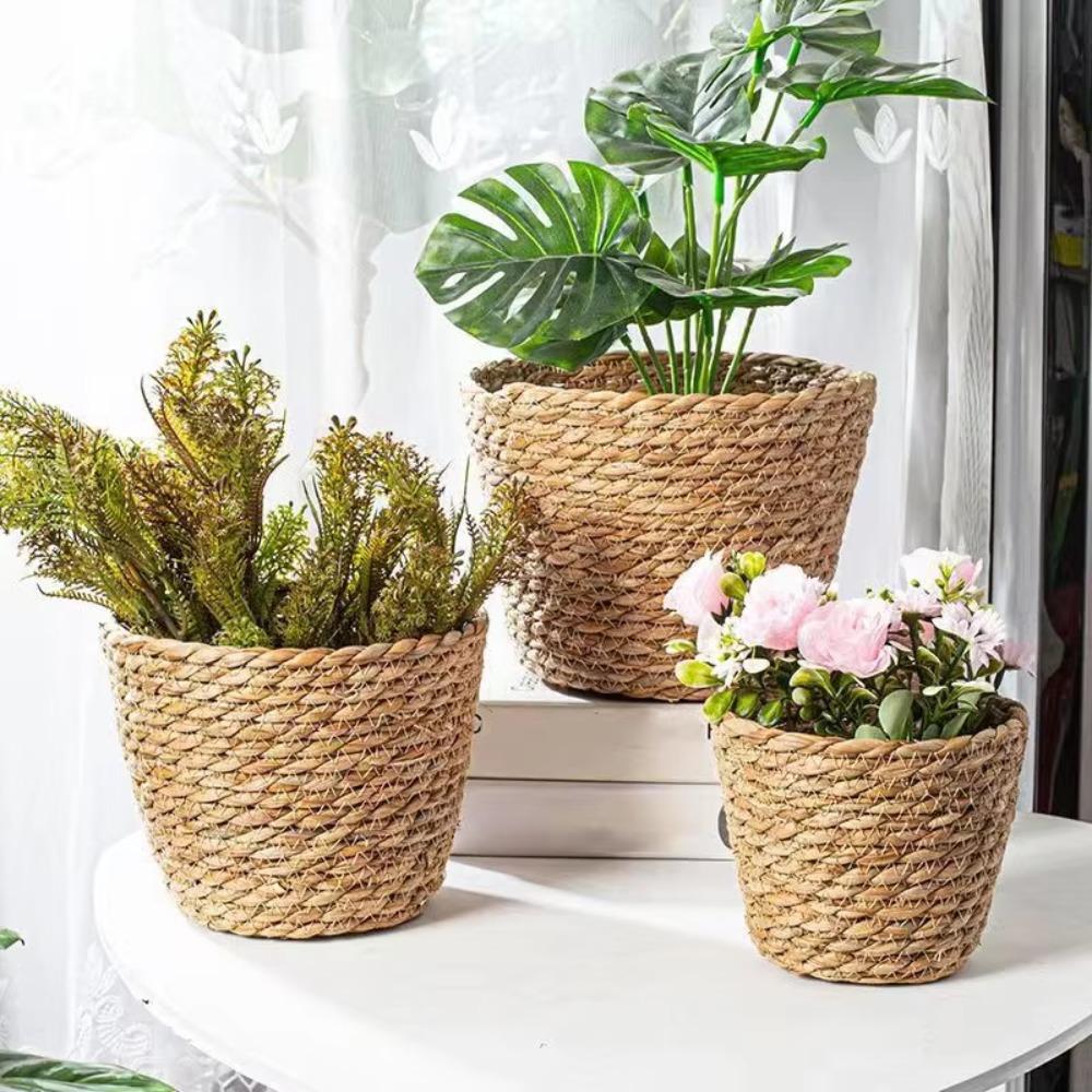 Weaving Straw Flower Basket Storage Function Storage Basket Woven Grass Flower Pot  Garden