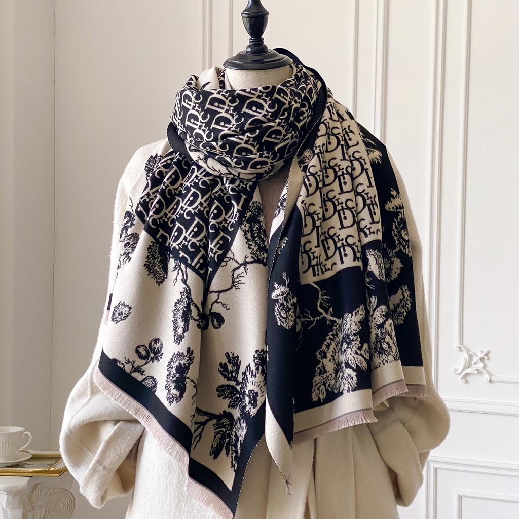 Winter Luxury Women Two-Sided Jacquard Scarf Cashmere Warm Shawl Outdoor Coldproof Windproof Blanket Pashmina Elegance Scarf