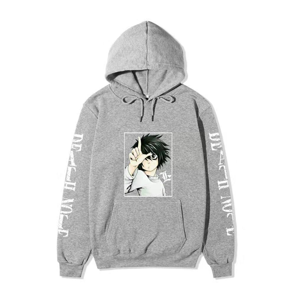 Men Women Fleece Hoodie Death Note L Portrait Two Sleeve Vertical White Text Anime Casual Hooded Sweatshirt