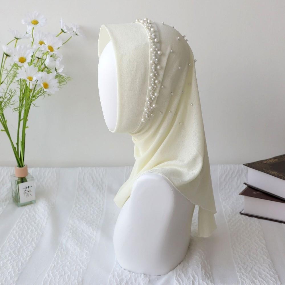 Pull On Style Hijab Scarf Solid Color Sun Protection Headscarf Cute Beads Hijab Girls