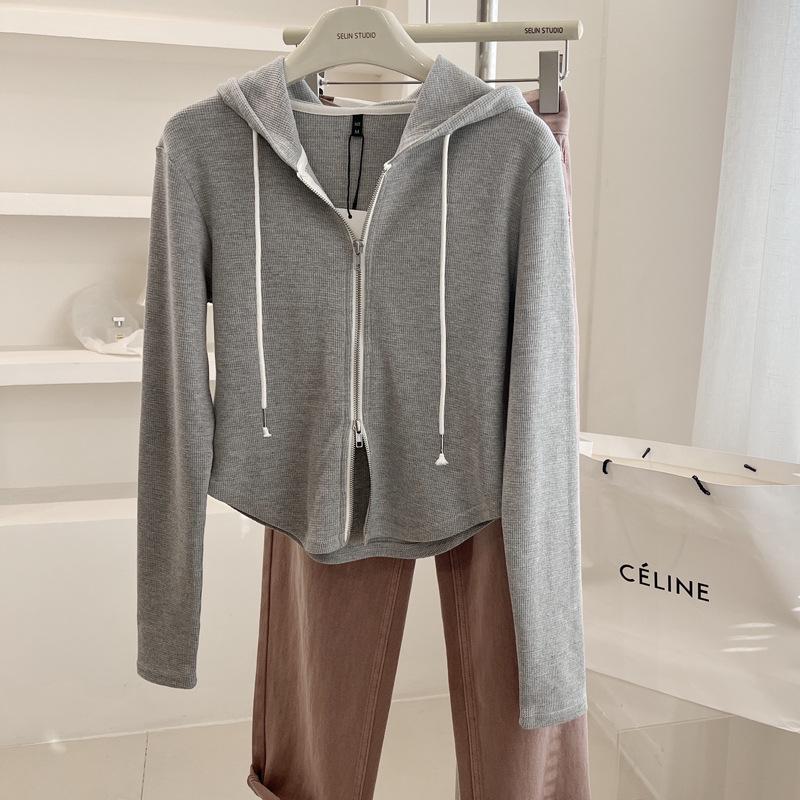 

Корейский кардиган с капюшоном вафельной вязки приталенного силуэта для женщин - Куртка на молнии 2XL (120-140 lbs) серый