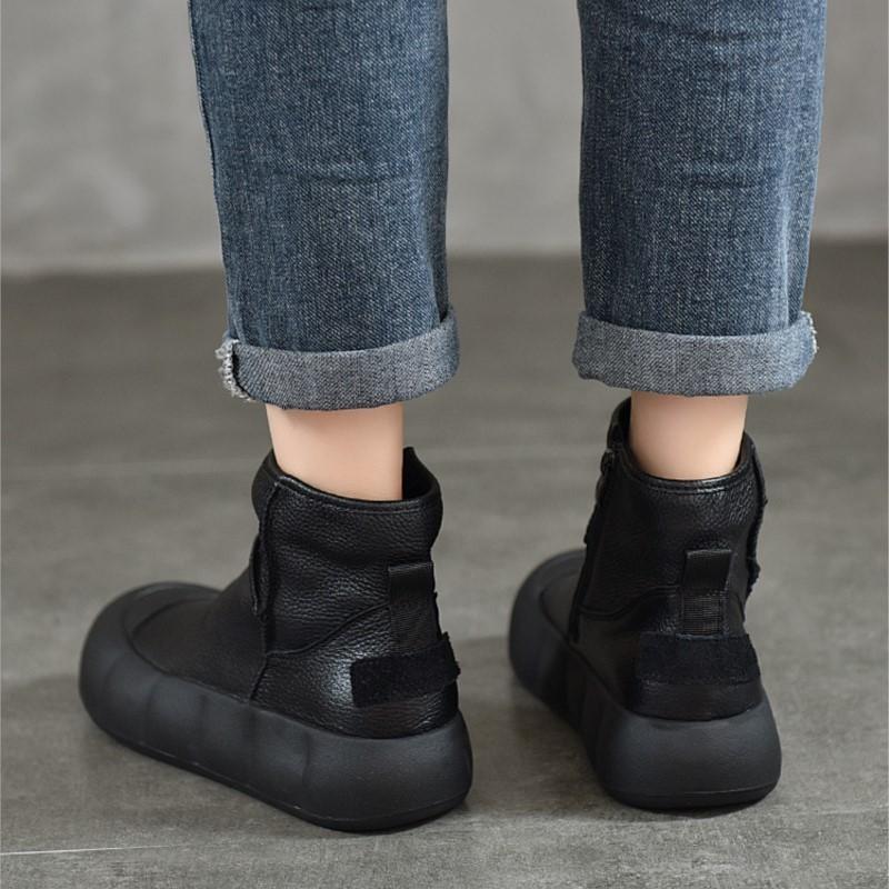 Johnature Vintage Handmade Genuine Leather Thick Soled Short Boots Round Toe Women's Flat Platform Shoes