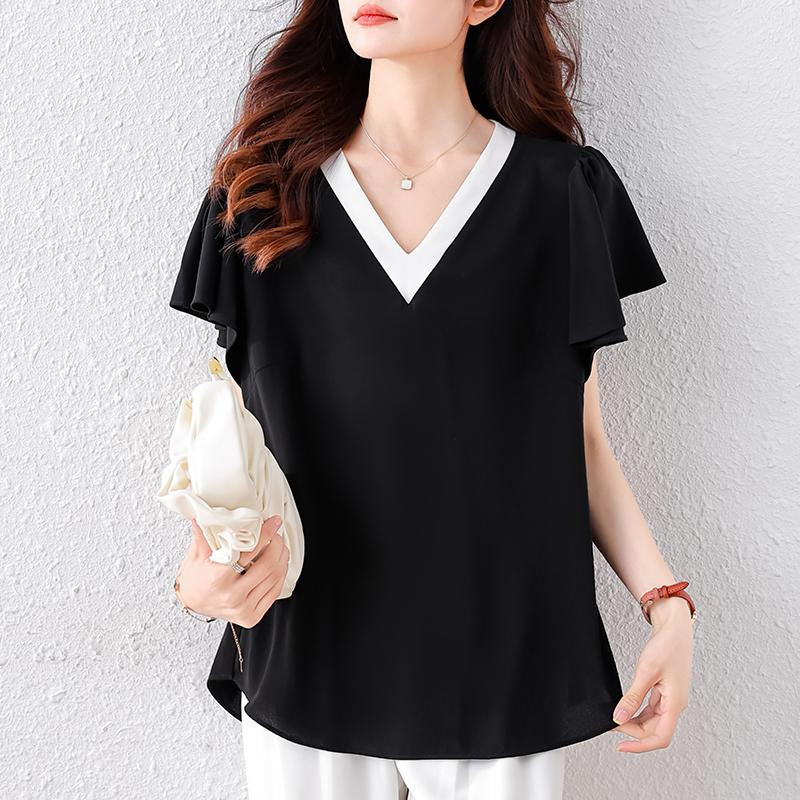 DIMANAF 2025 Summer Plus Size Women T-Shirts V-Neck Elegant Short Sleeve Tops Tees Loose Shirt