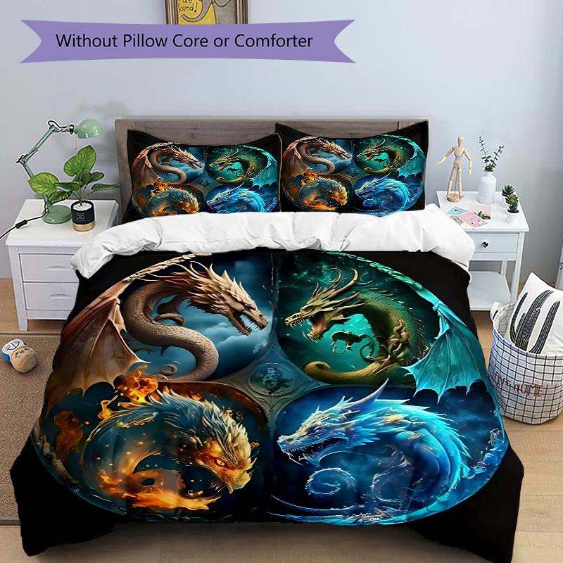 3pcs Composition of Fire Water Earth and Air Dragons Printed Quilt Set - Soft and Comfortable Quilt Cover for Bedroom, Guest Room and Dormitory