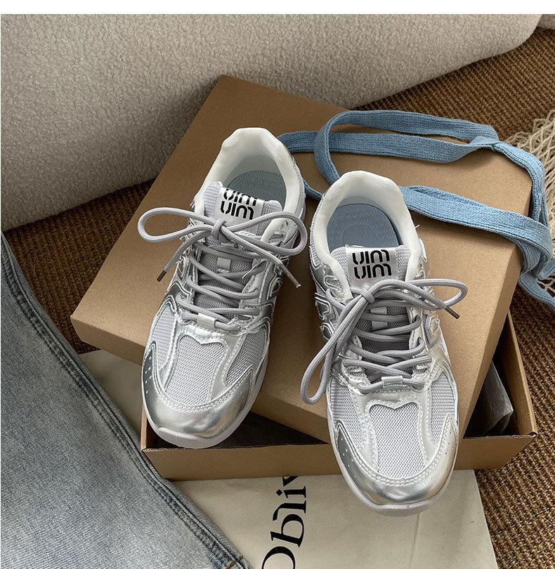 

Модные универсальные серебристые ретро кроссовки на плоской подошве в немецком стиле женские 2025 новая летняя легкая и дышащая спортивная обувь Форрест Гамп 40 серебряный